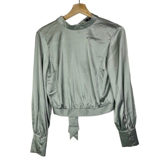 Express Sage Green Satin Open Back Long Sleeve Blouse XS - Picture 1 of 4
